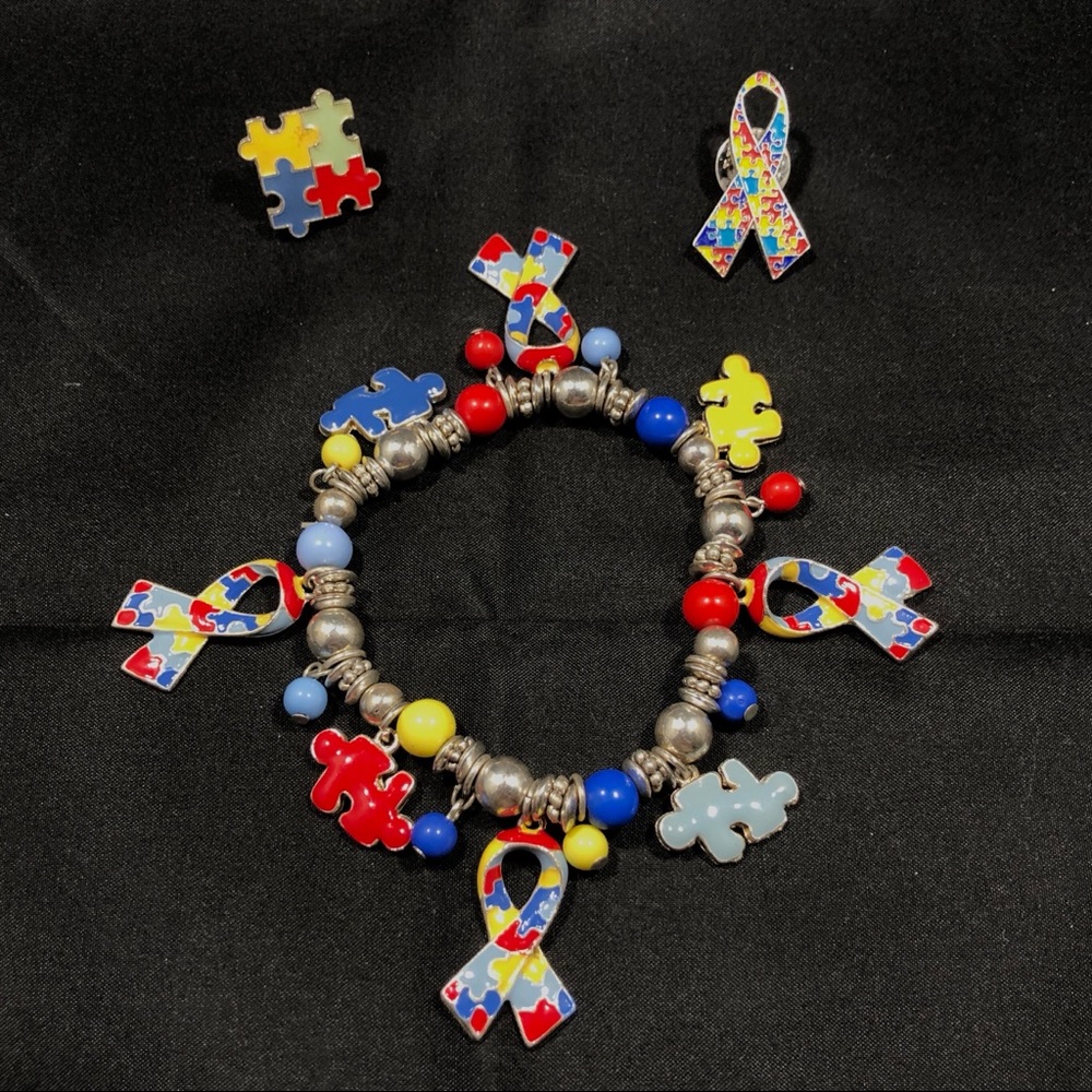 AUTISM AWARENESS BRACELET and 2 PINS